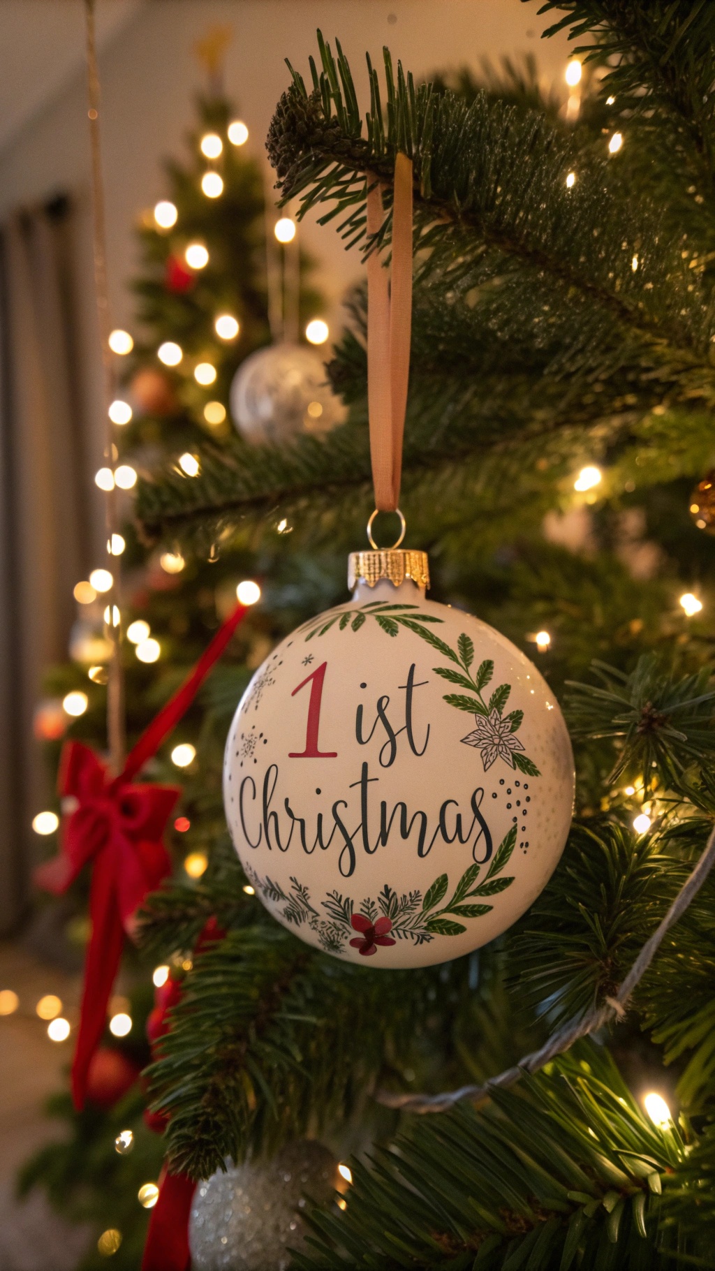 A festive ornament that reads '1st Christmas' hanging on a Christmas tree.
