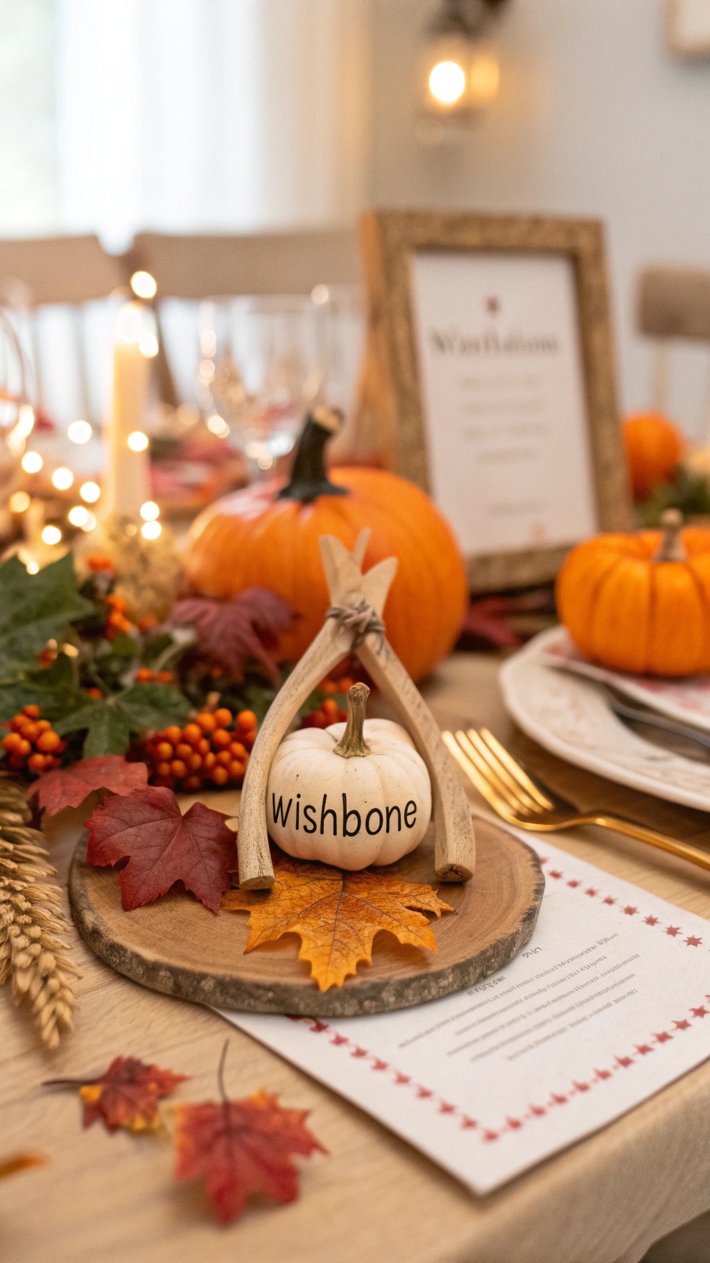 A wishbone decoration on a table with pumpkins and autumn leaves for a Thanksgiving baby announcement.