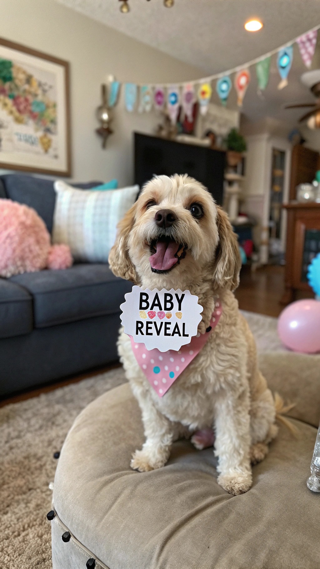 A dog wearing a 'Baby Reveal' sign, sitting on a cushion with a festive background.