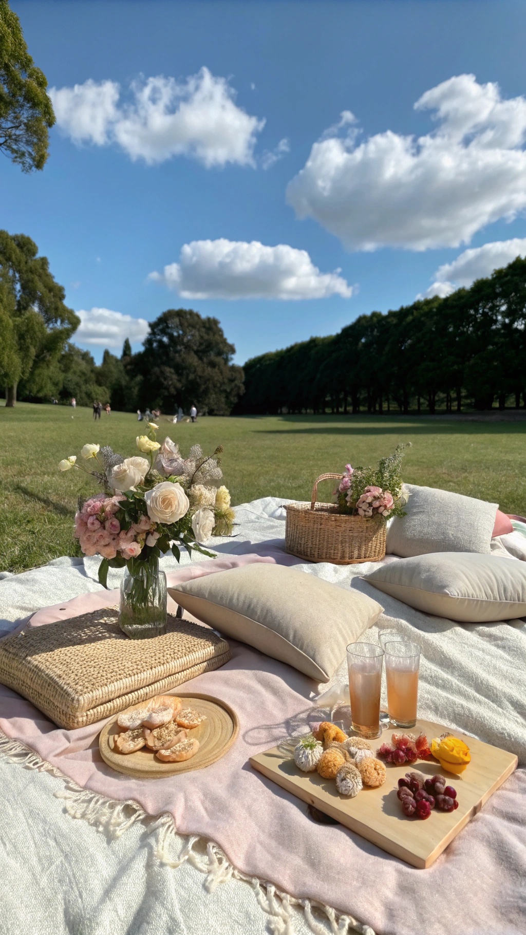 A picnic blanket setup with flowers, snacks, and drinks in a park.