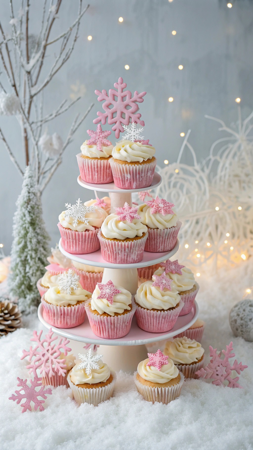 A tower of pink and white frosted cupcakes with snowflake decorations.