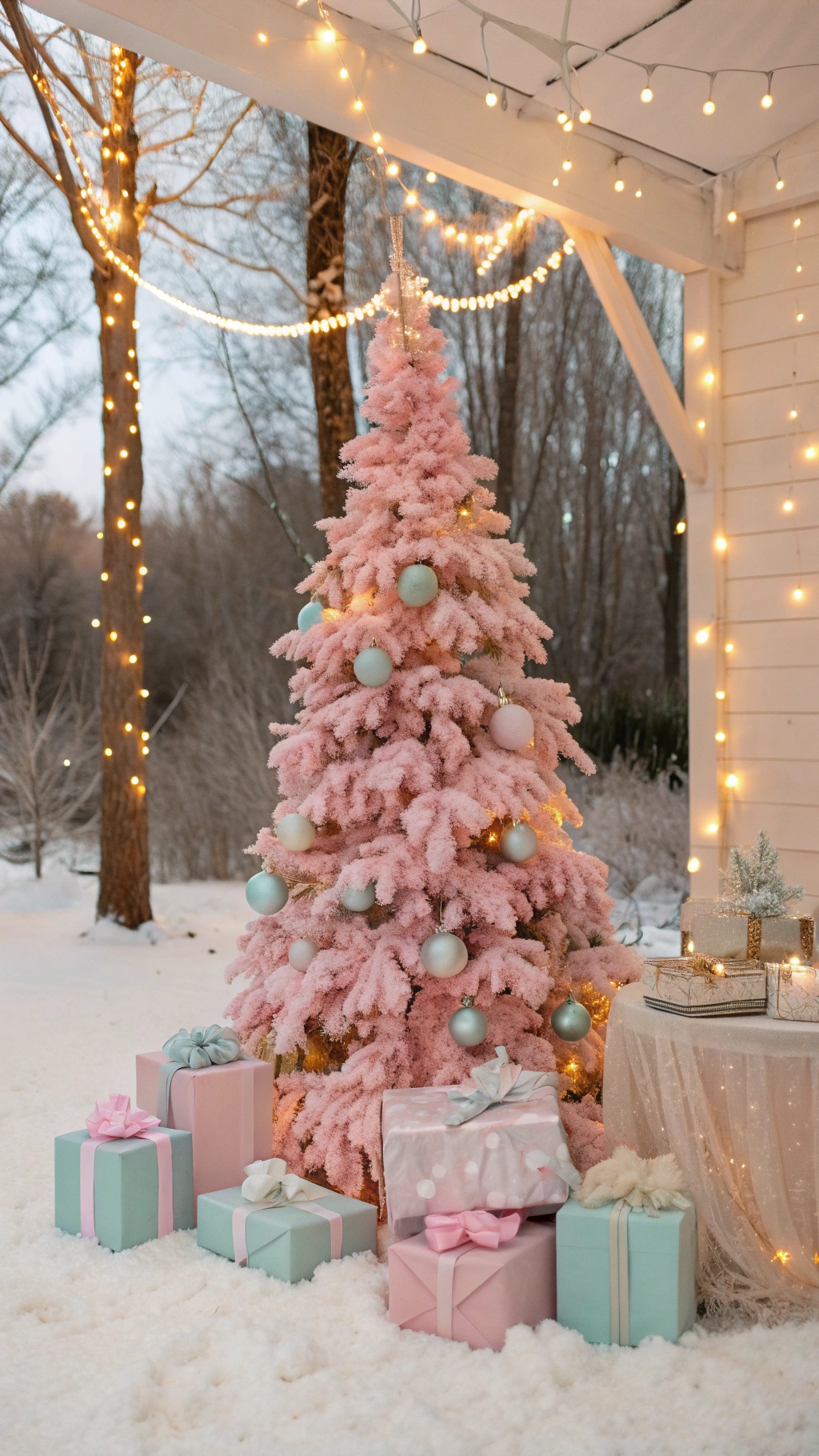 A pink Christmas tree adorned with ornaments and surrounded by pastel-wrapped gifts in a snowy setting.
