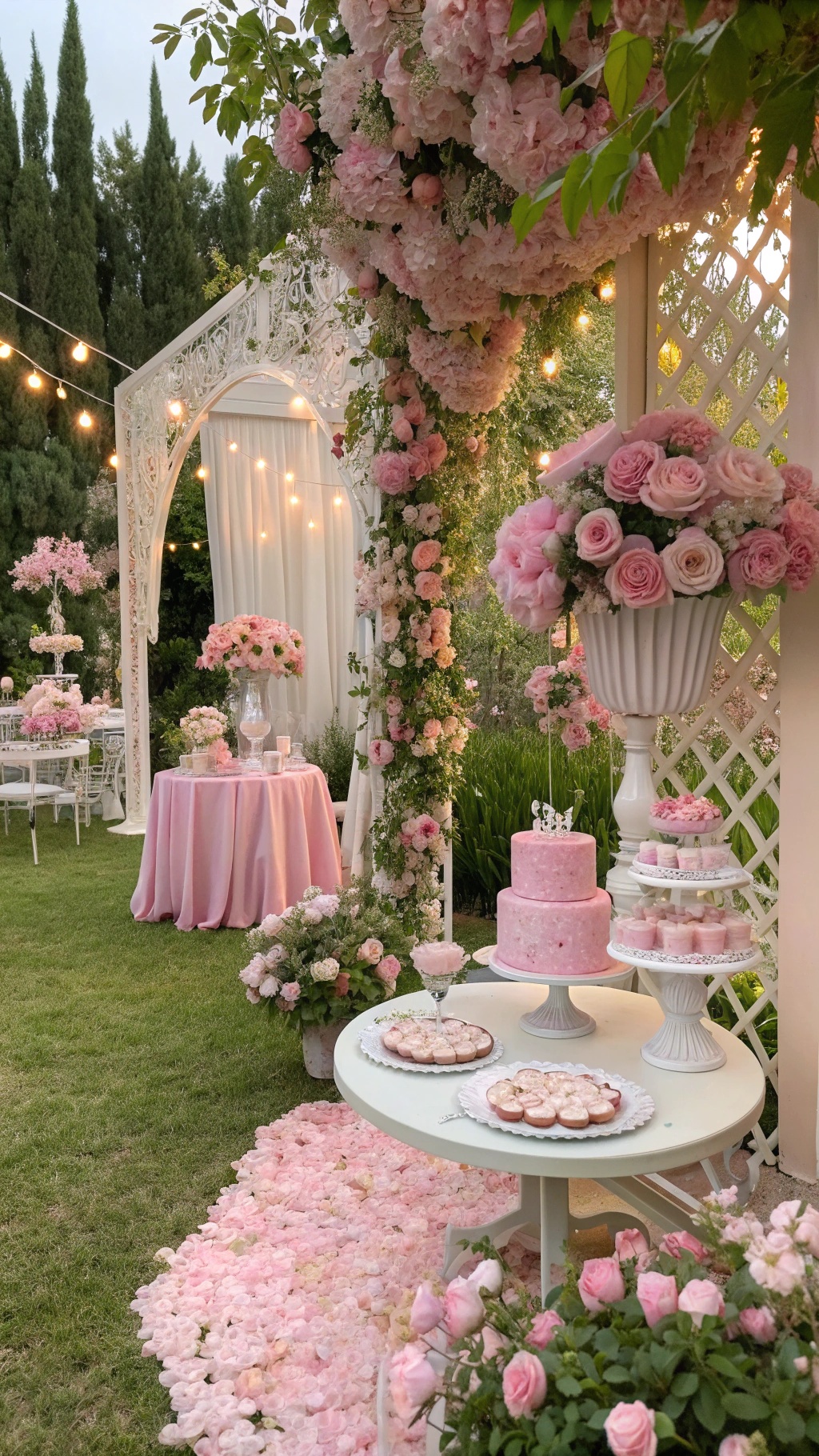 A beautifully decorated outdoor space for a baby shower featuring pink flowers, elegant tables, and soft lighting.