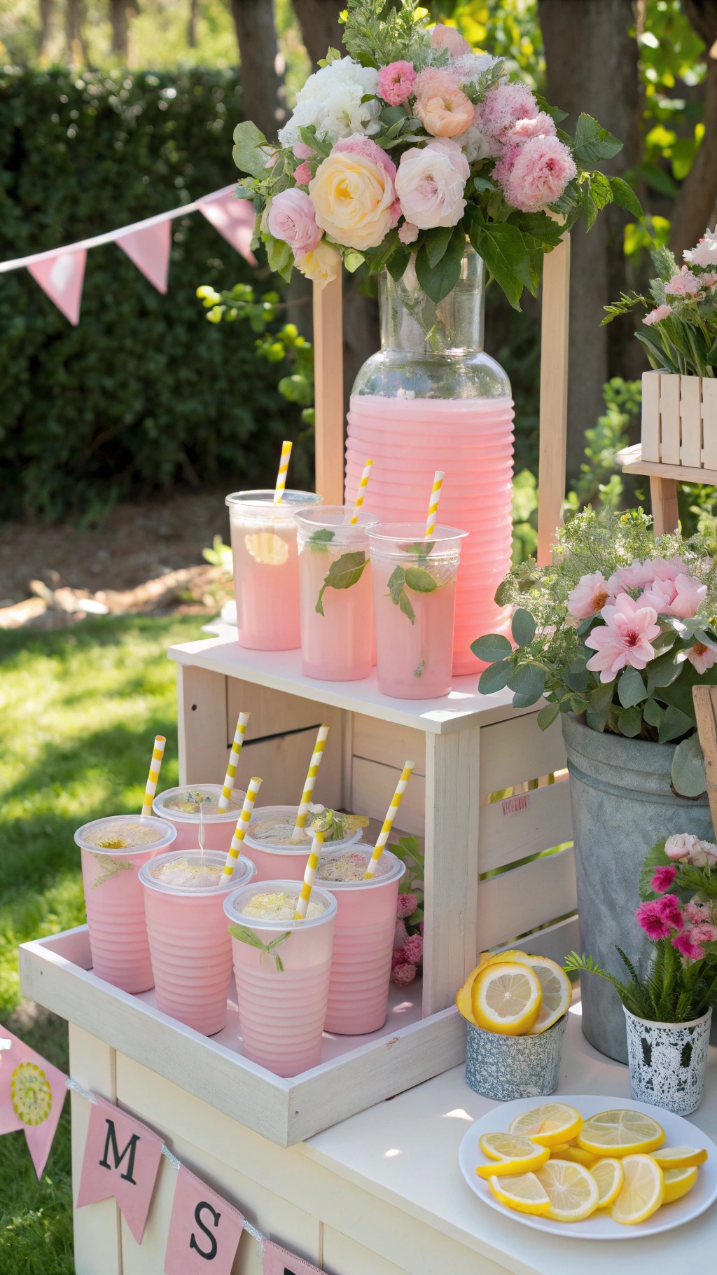 A charming pink lemonade drink station with cups of pink lemonade, fresh mint, and lemon slices, decorated with flowers.