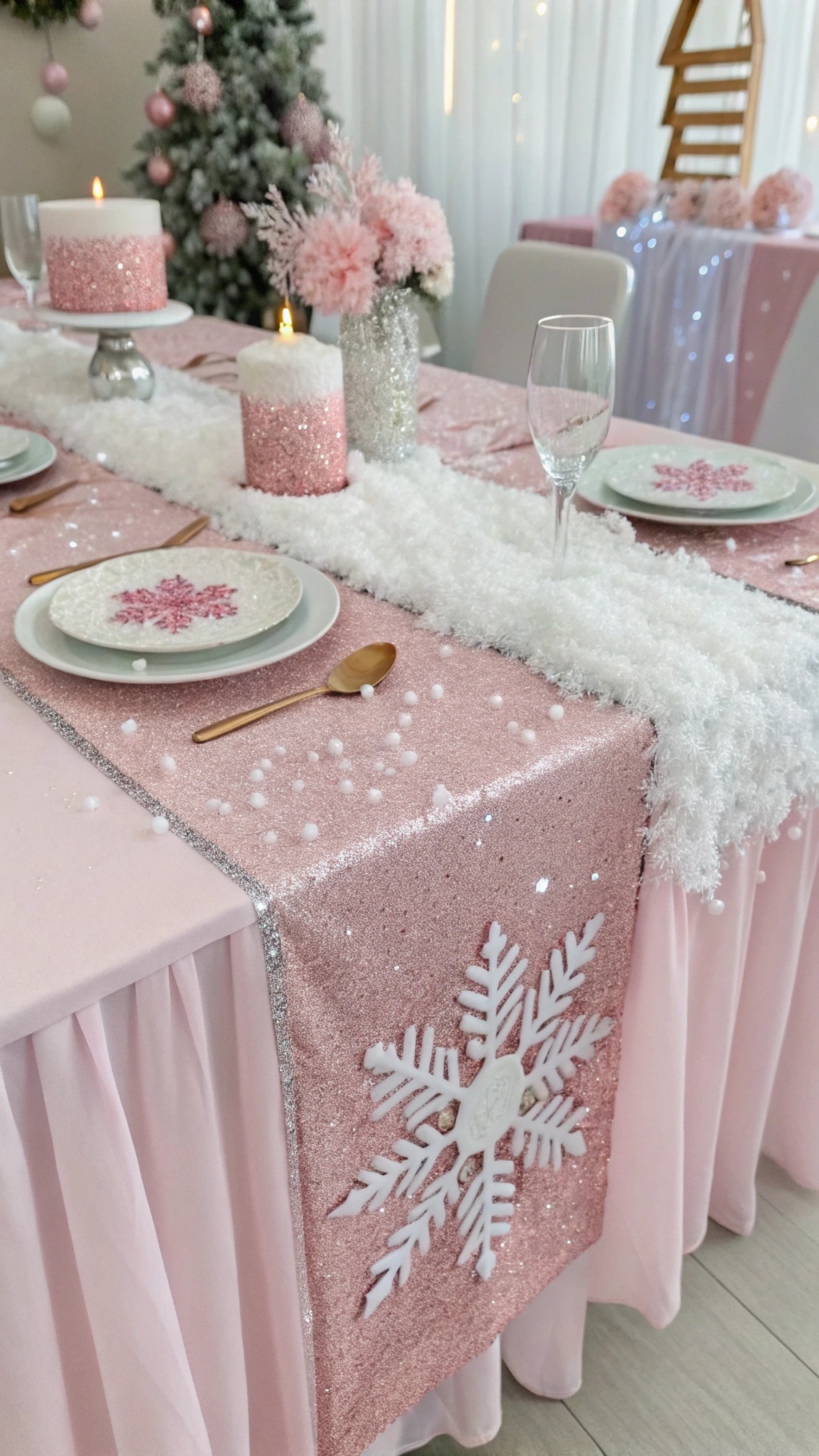 Pink sequin table runner with faux snow and decorative candles