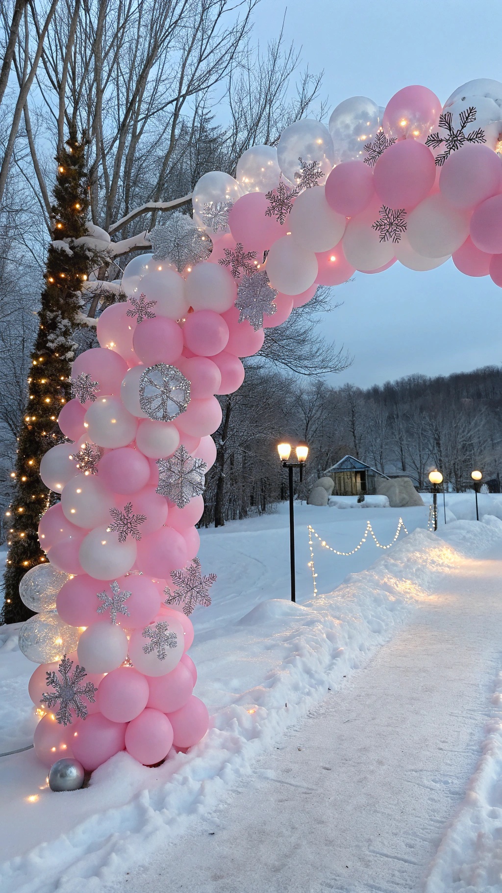 A beautiful pink snowflake balloon arch in a snowy setting.