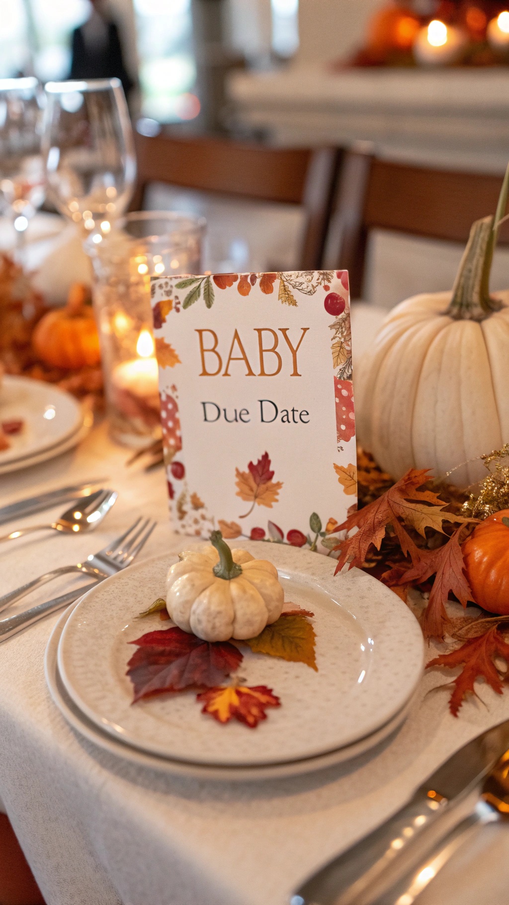 A Thanksgiving table setting featuring a place card that reads 'Baby Due Date' surrounded by autumn leaves and small pumpkins.