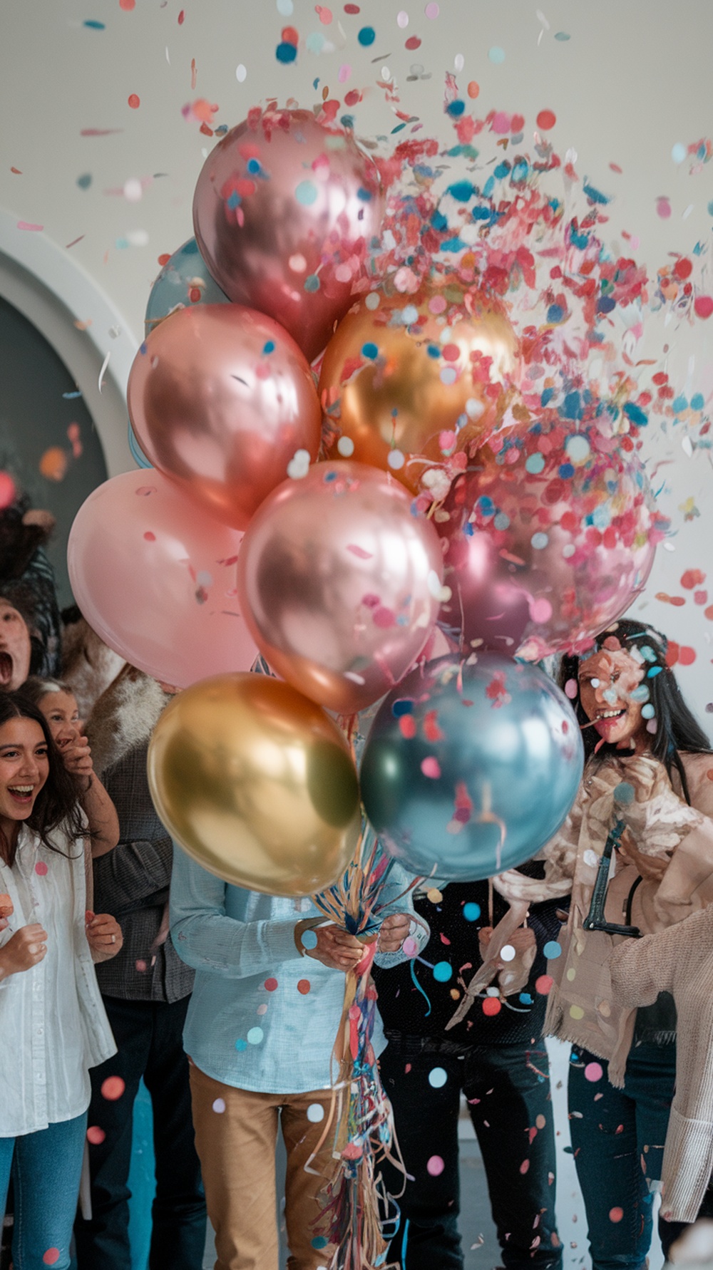 A group of people joyfully celebrating a balloon confetti reveal with colorful balloons and confetti in the air.