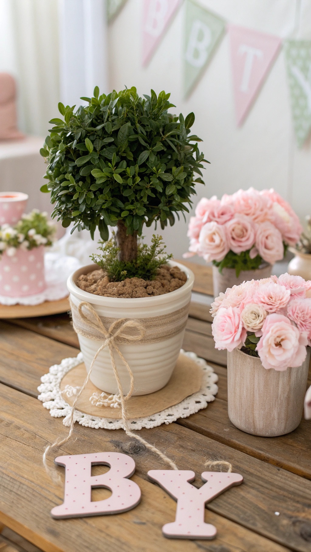 A potted plant favor with a round green topiary, surrounded by pink flowers and decorative elements.