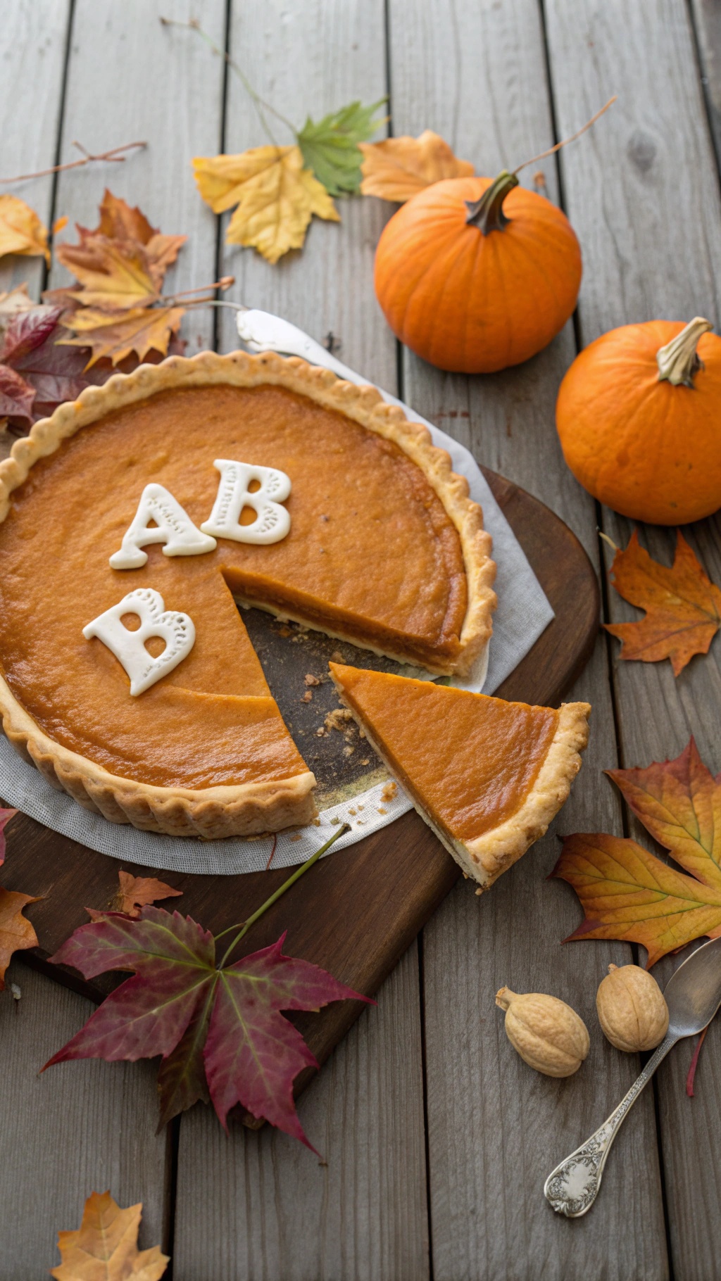 A pumpkin pie with letters on top, surrounded by autumn leaves and pumpkins.