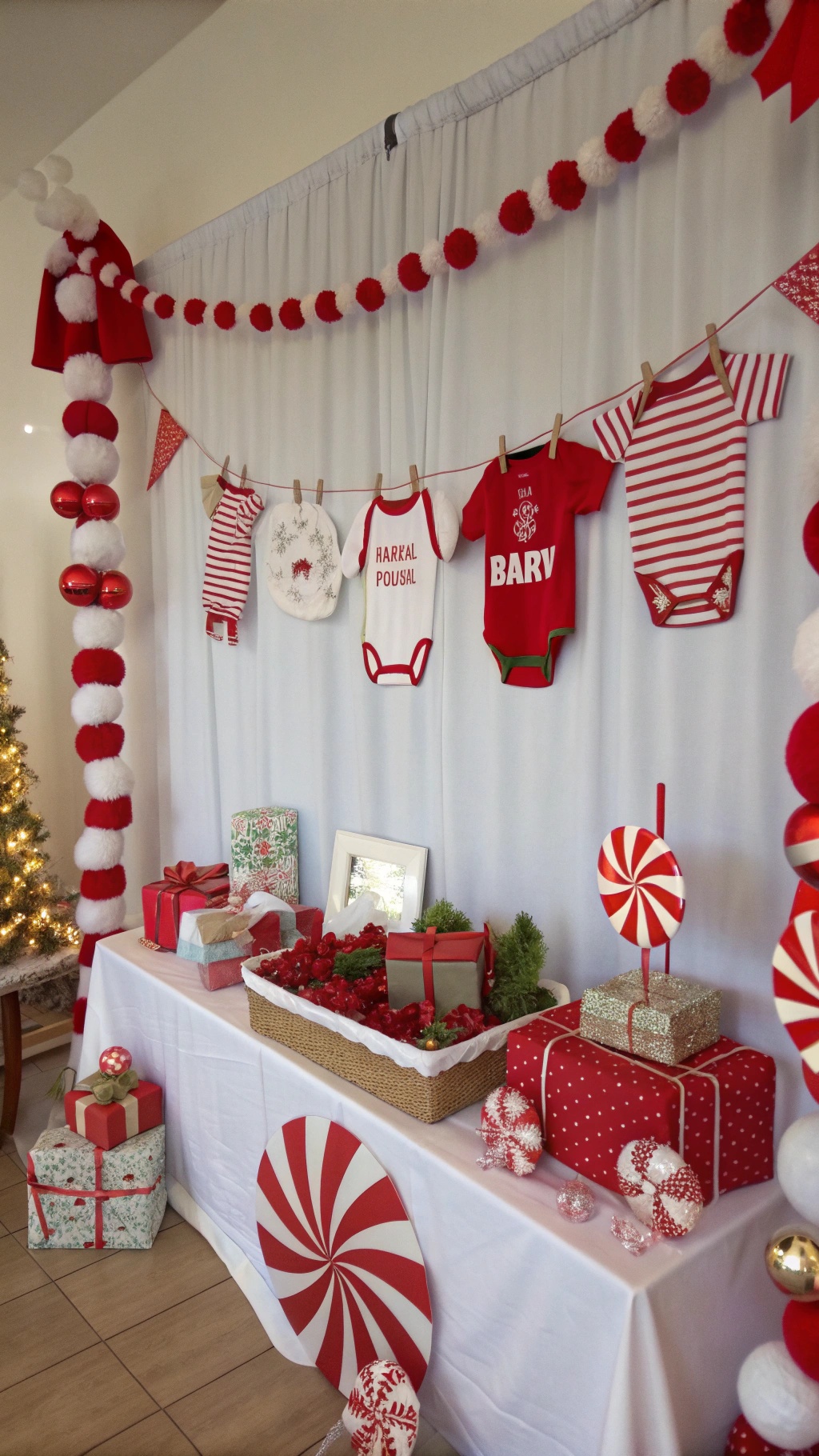 Decorations for a Santa baby shower featuring red and white candy canes, baby clothes, and gifts.