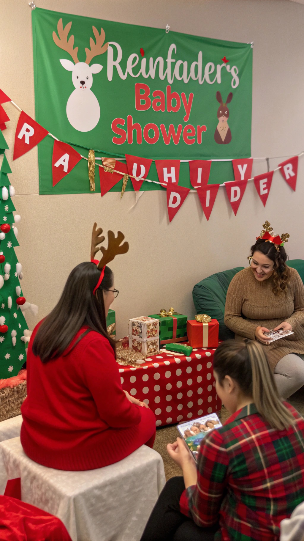 Guests enjoying games at a Santa baby shower themed event.