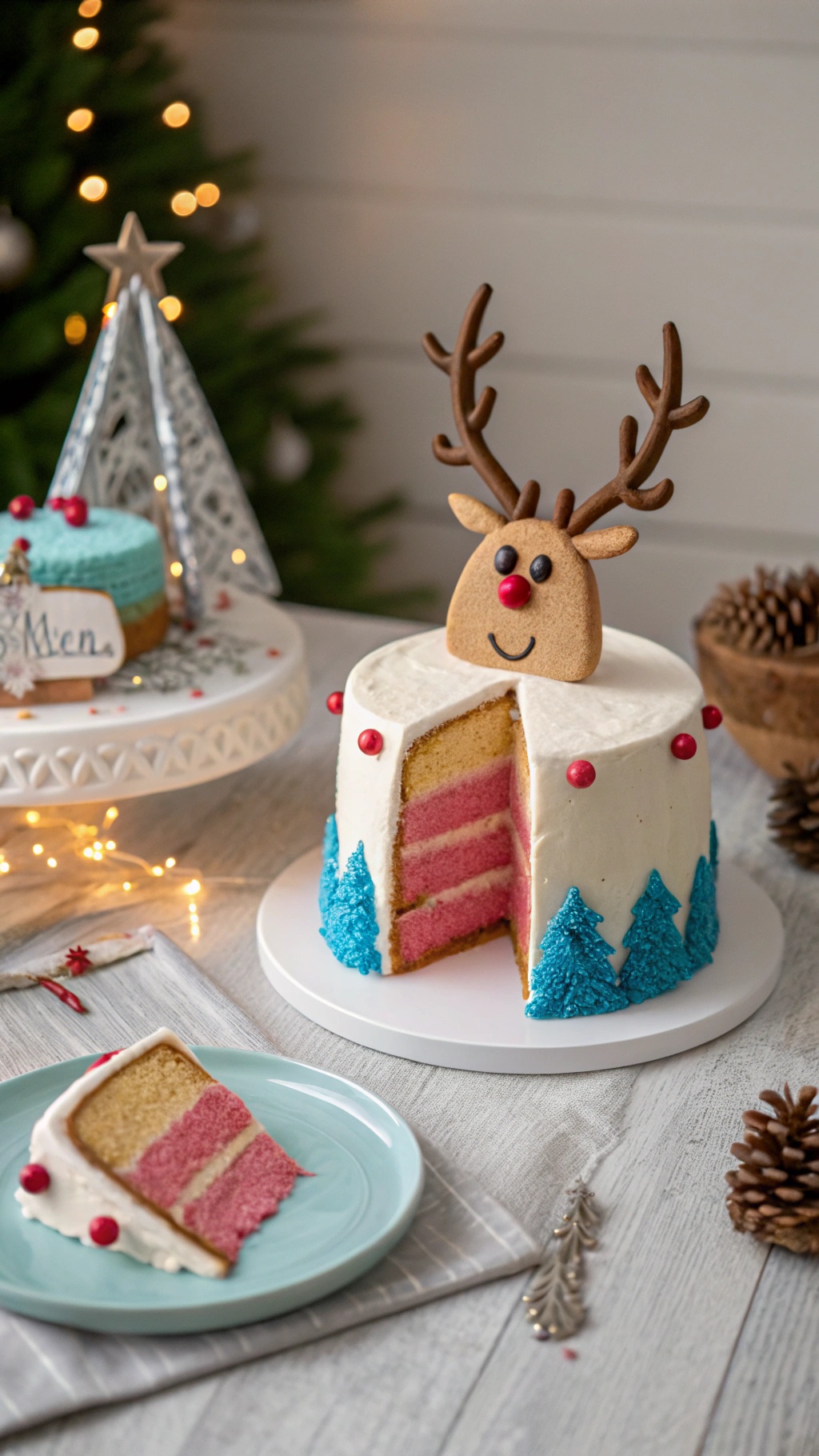 A festive reindeer-themed gender reveal cake with pink and blue layers, decorated with a reindeer face on top.