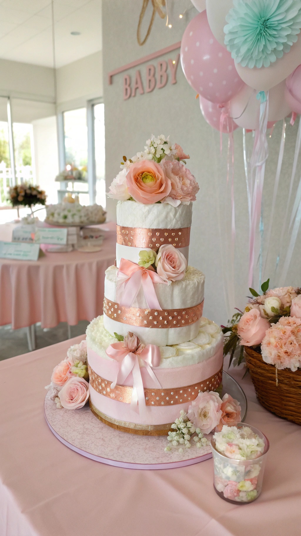 A beautifully arranged rose gold diaper cake decorated with flowers, perfect for a baby shower.