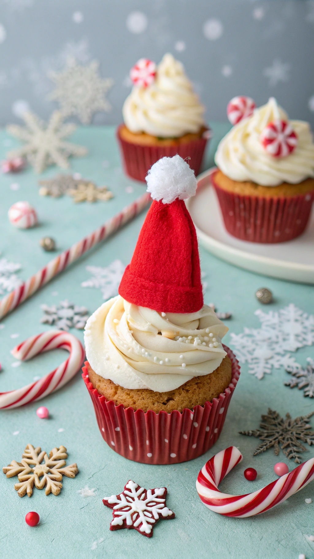Cupcake with a Santa hat topper, surrounded by festive decorations