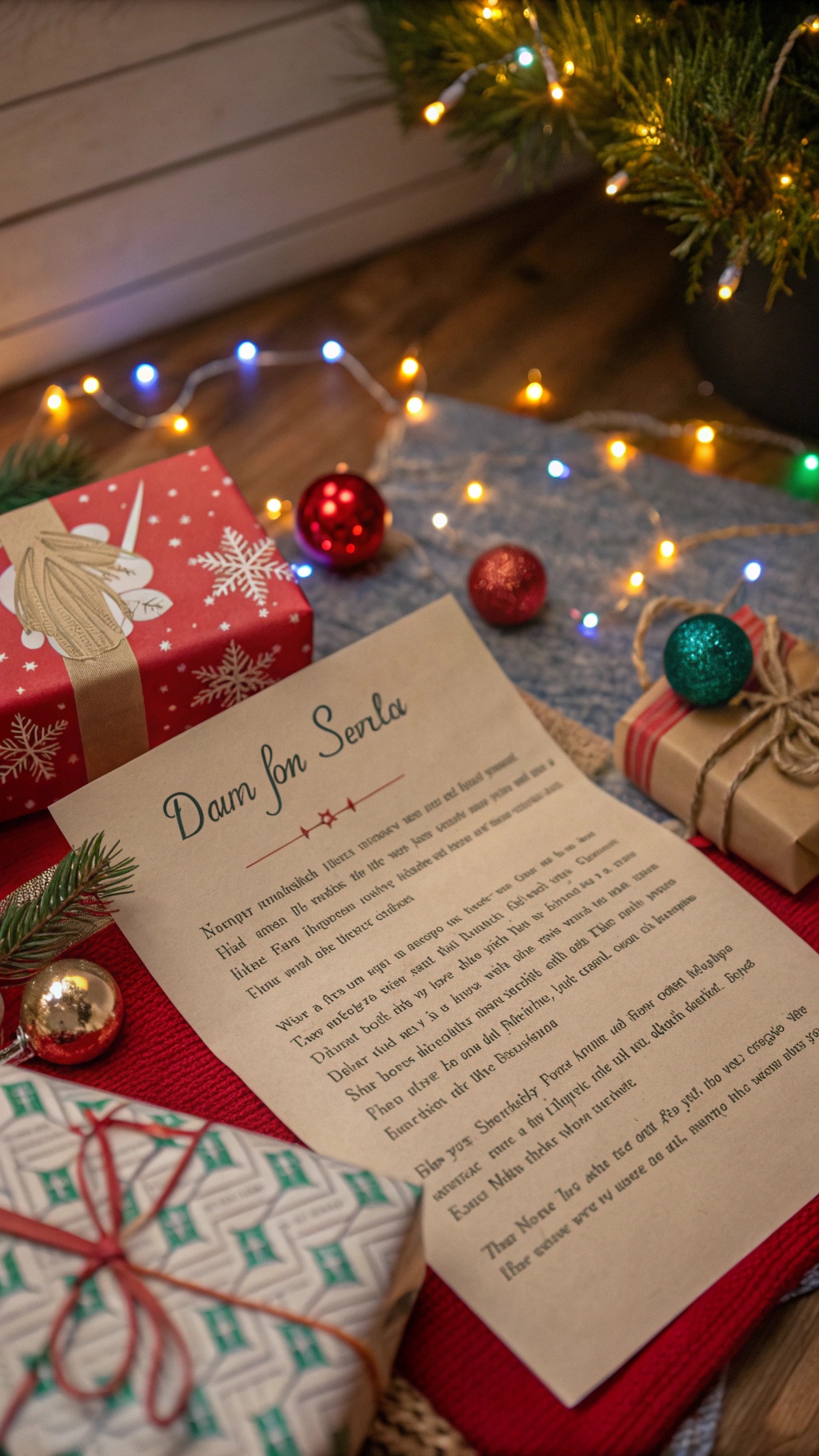A festive scene with a letter from Santa, surrounded by Christmas gifts and decorations.