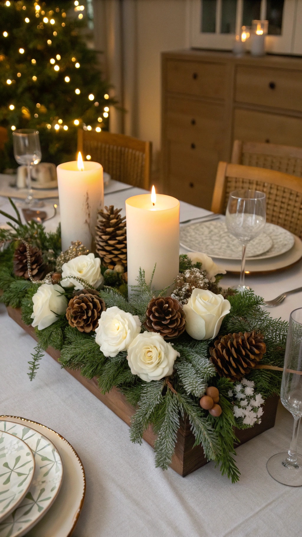 A beautifully arranged winter-themed centerpiece with candles, pinecones, and white roses.