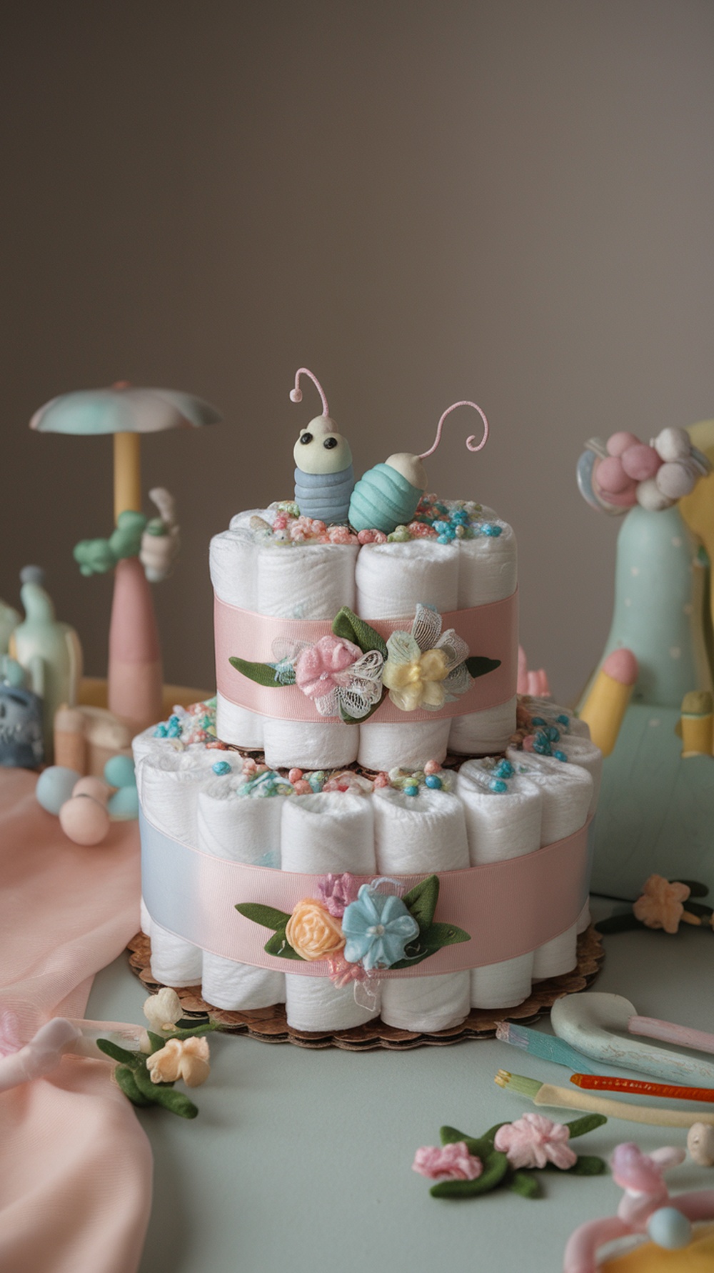 A small two-tier diaper cake decorated with floral and bug details.