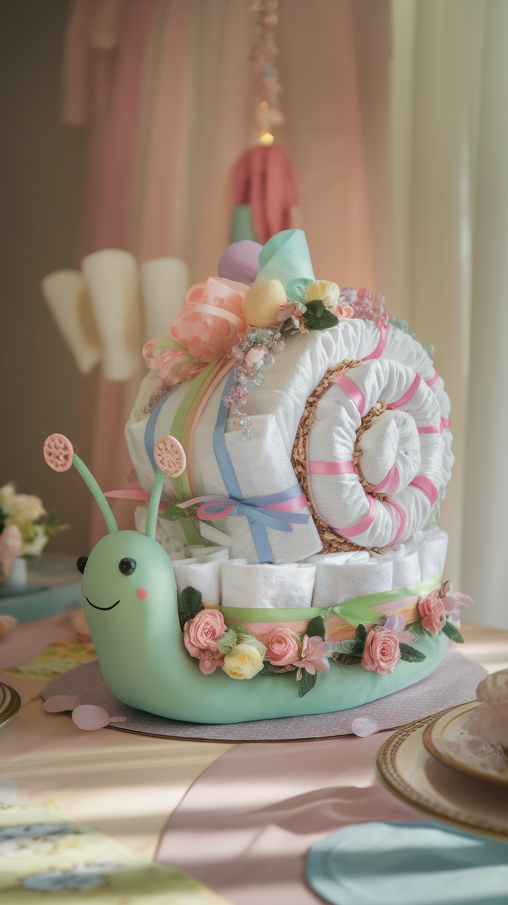 A whimsical snail-shaped diaper cake with colorful decorations.