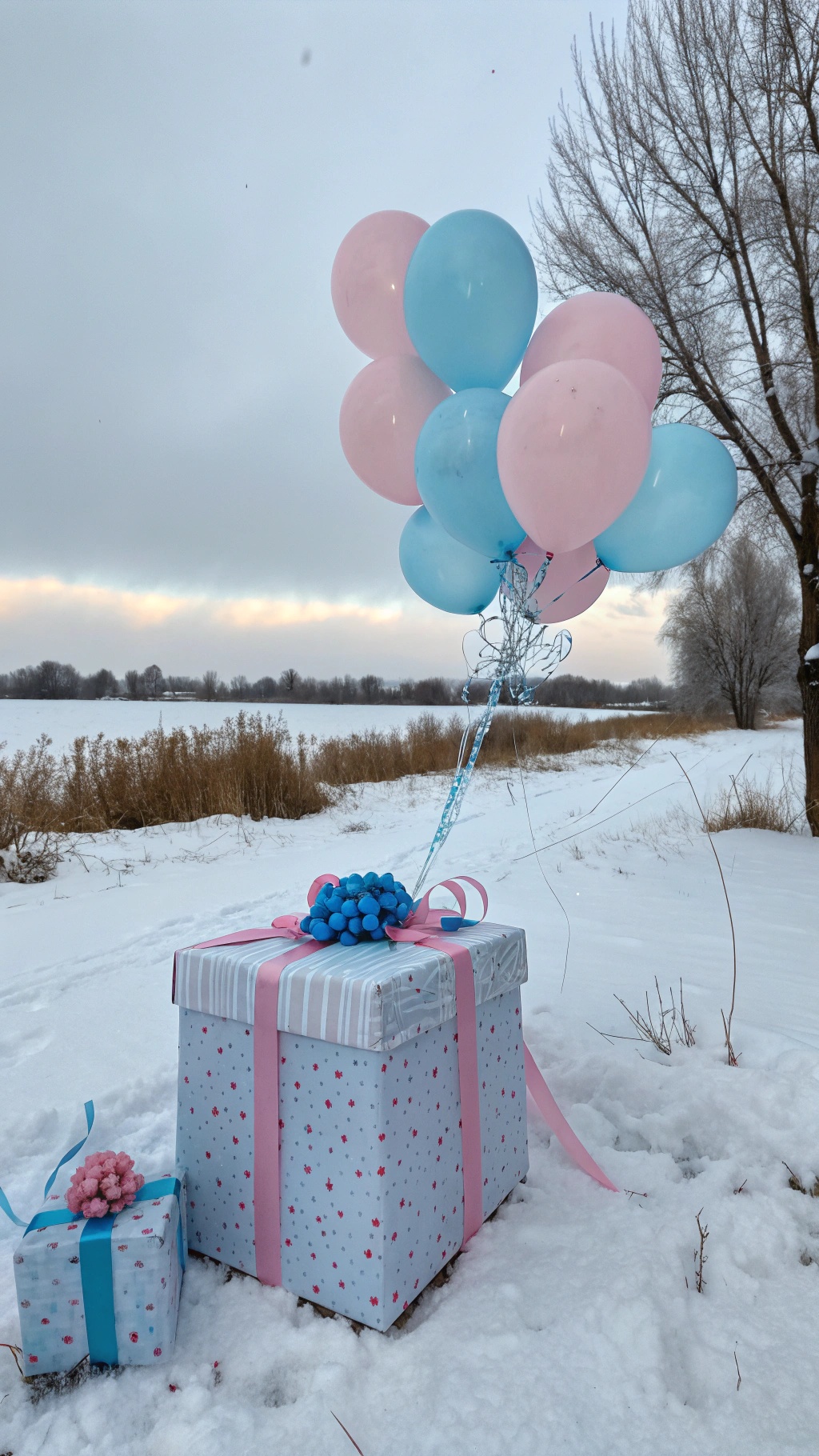 A large gift box with pink and blue balloons in a snowy setting.