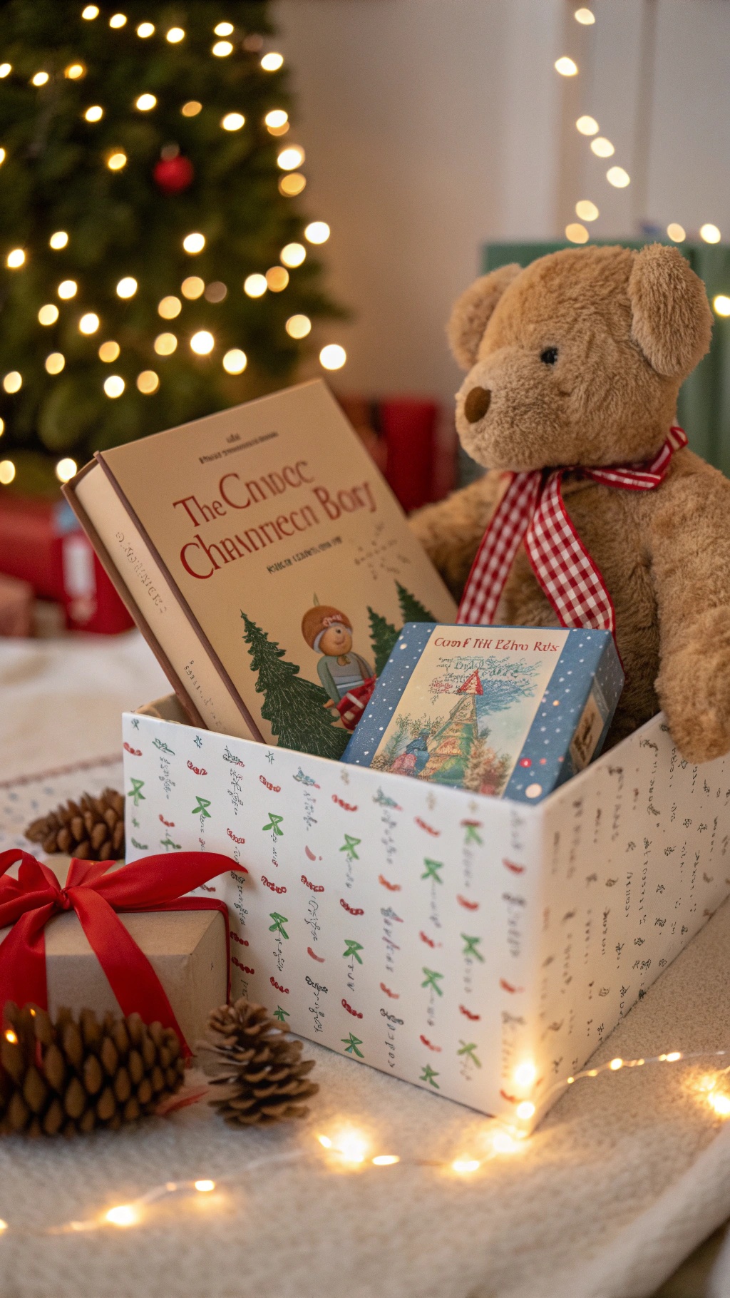 A cozy holiday scene featuring a teddy bear, a book, and a gift box, all surrounded by festive decorations.
