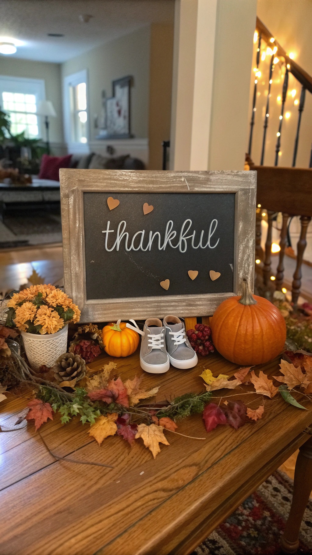 Chalkboard sign saying 'thankful' with baby shoes, pumpkins, and autumn leaves.