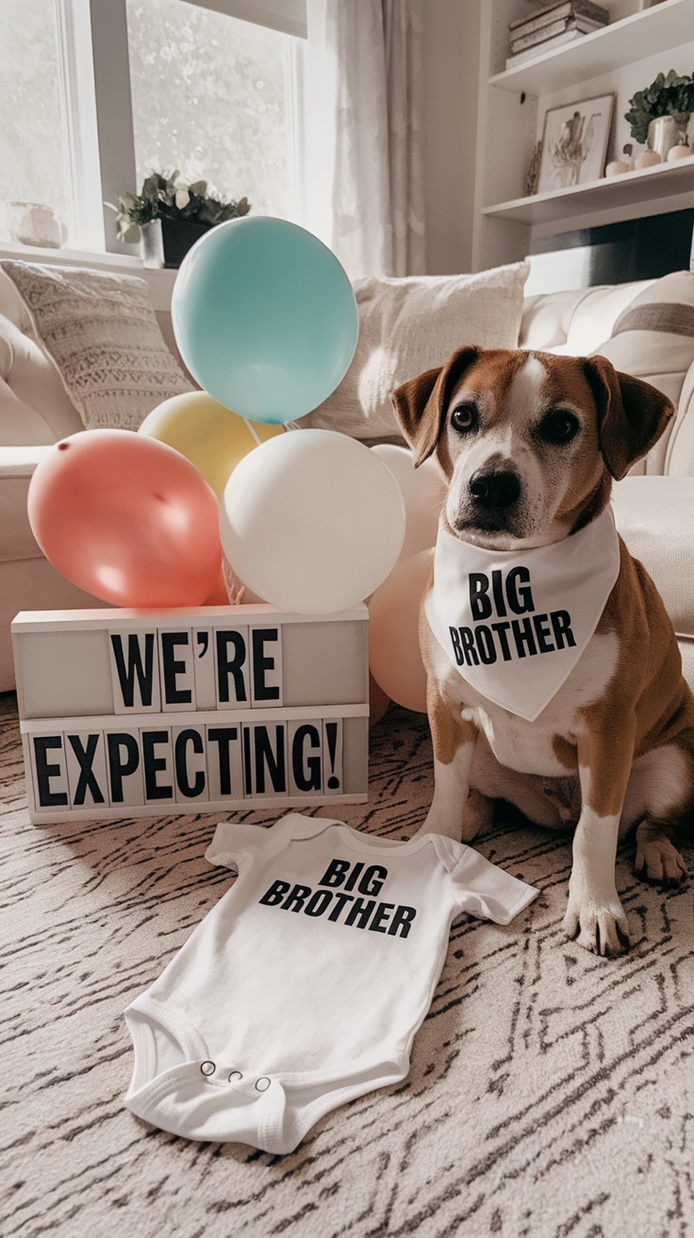 A dog wearing a 'Big Brother' bandana next to a sign that says 'We're Expecting!' with colorful balloons.