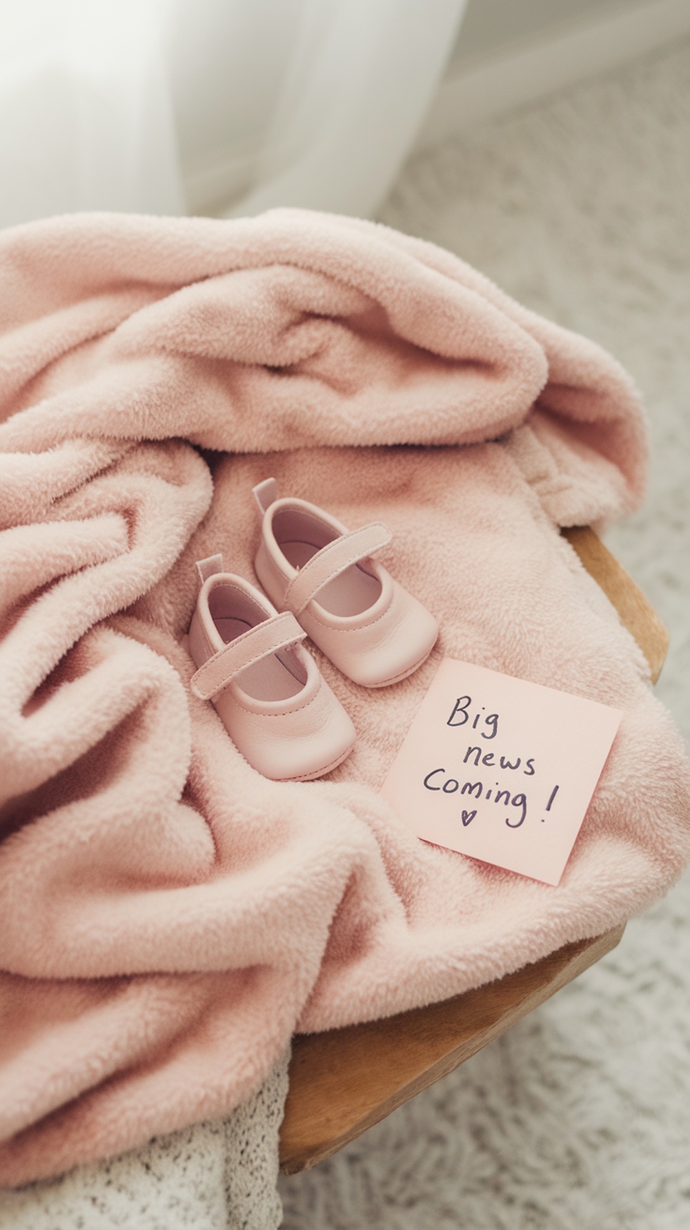 A pair of pink baby shoes on a soft blanket with a note saying 'Big news coming!'
