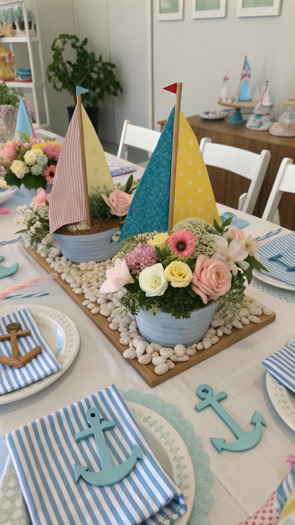 Colorful toy sailboats with flowers as centerpieces on a table.