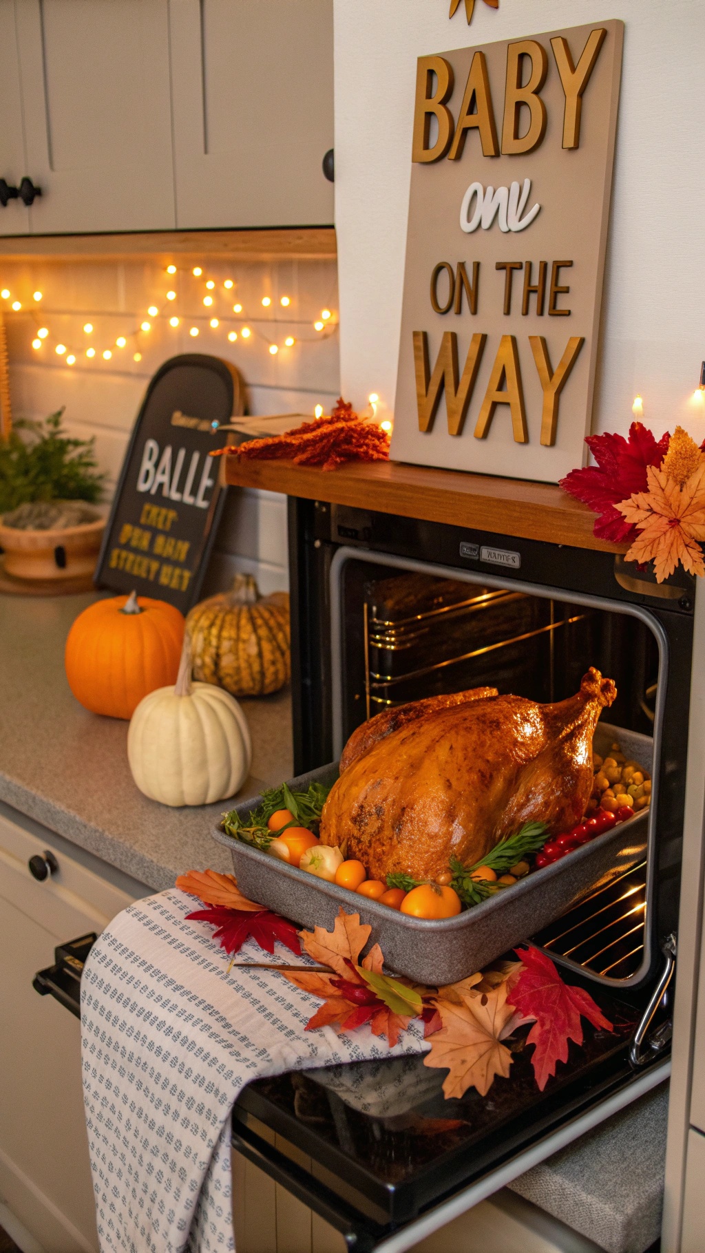 A turkey in the oven with a sign that says 'Baby on the way' in a cozy kitchen setting.