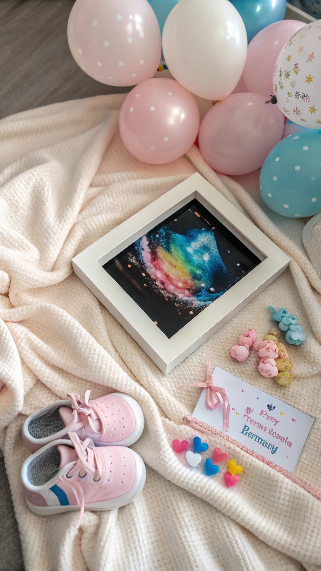 A framed ultrasound photo with pink and blue balloons, baby shoes, and colorful decorations.