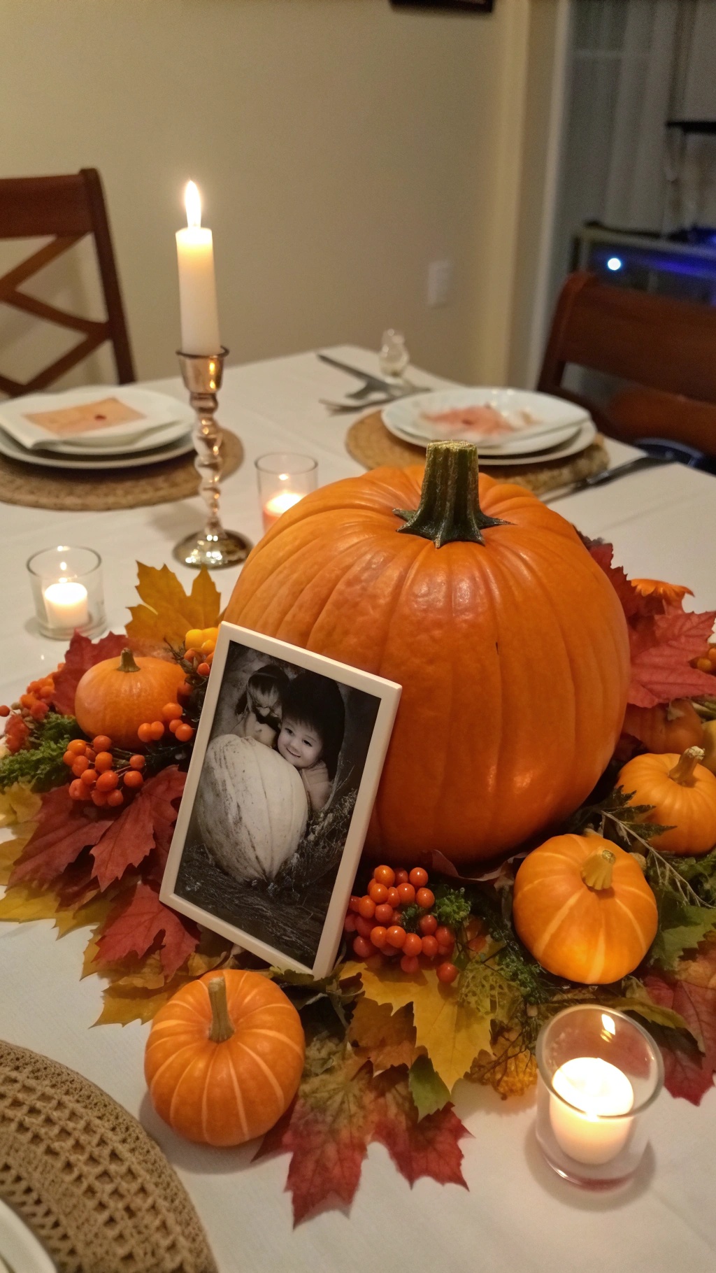 A pumpkin centerpiece with an ultrasound photo and autumn leaves.