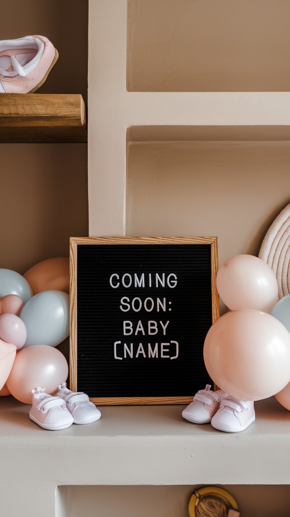 A letter board displaying 'Coming Soon: Baby [Name]' surrounded by baby shoes and balloons.