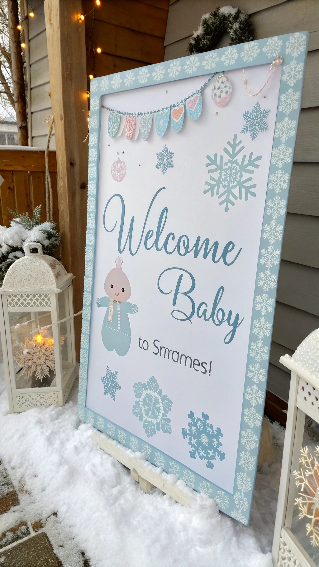 A winter-themed welcome sign for a baby shower featuring snowflakes and a cute baby illustration.