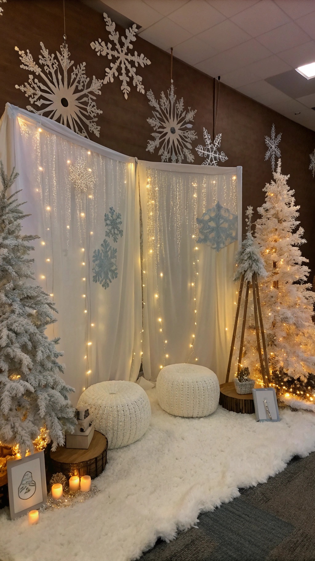 A winter-themed photo booth with snowflakes, lights, and cozy decor.