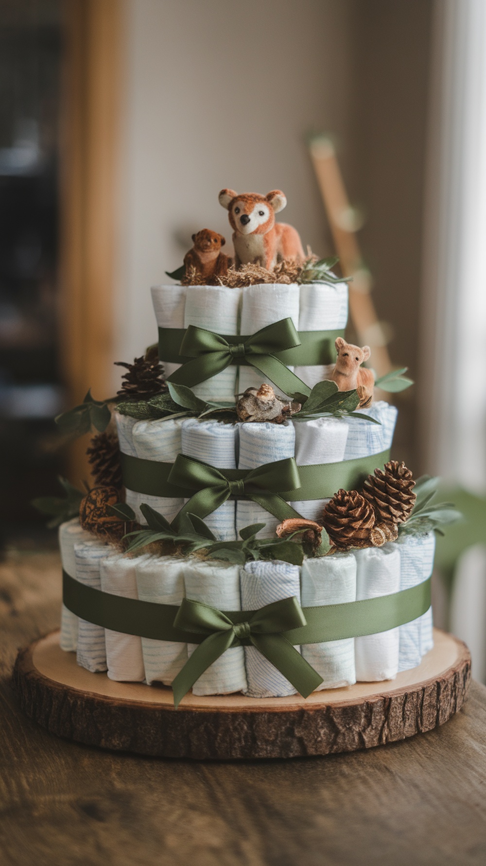 A beautifully arranged woodland diaper cake featuring animal figurines and natural elements.