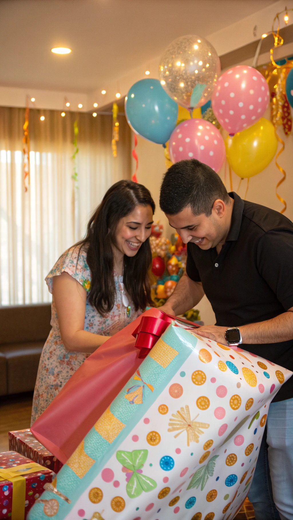 A couple joyfully opening a colorful gift, surrounded by festive decorations.
