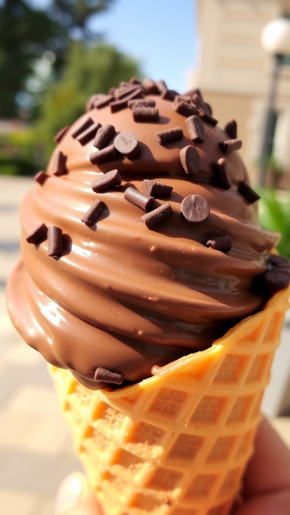 A delicious cone of chocolate ice cream topped with chocolate chips.