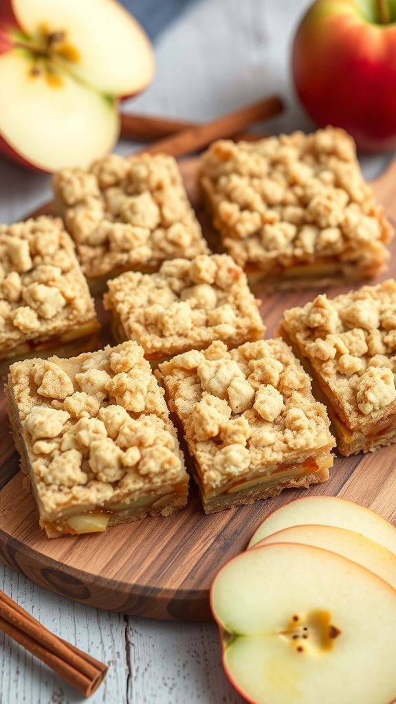 Delicious apple crumble bars on a wooden board with fresh apples and cinnamon sticks
