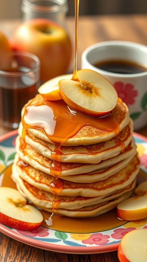 A stack of apple pancakes topped with syrup and apple slices, with coffee and whole apples in the background.