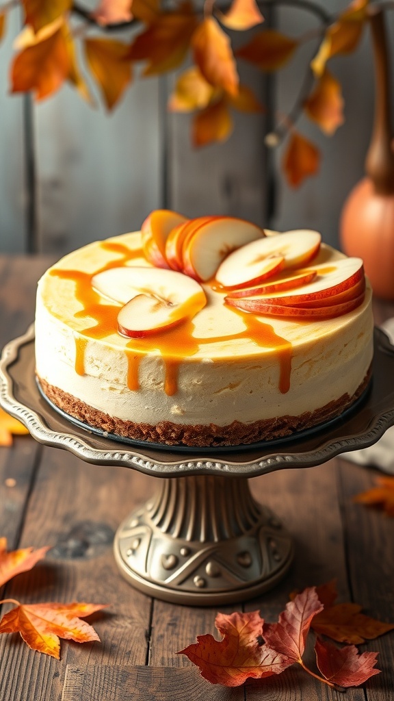 A no-bake apple cheesecake topped with apple slices and caramel sauce, displayed on a decorative cake stand with autumn leaves in the background.
