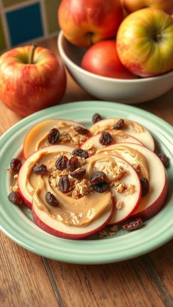 A plate of apple slices topped with peanut butter, granola, and raisins, with whole apples in the background.