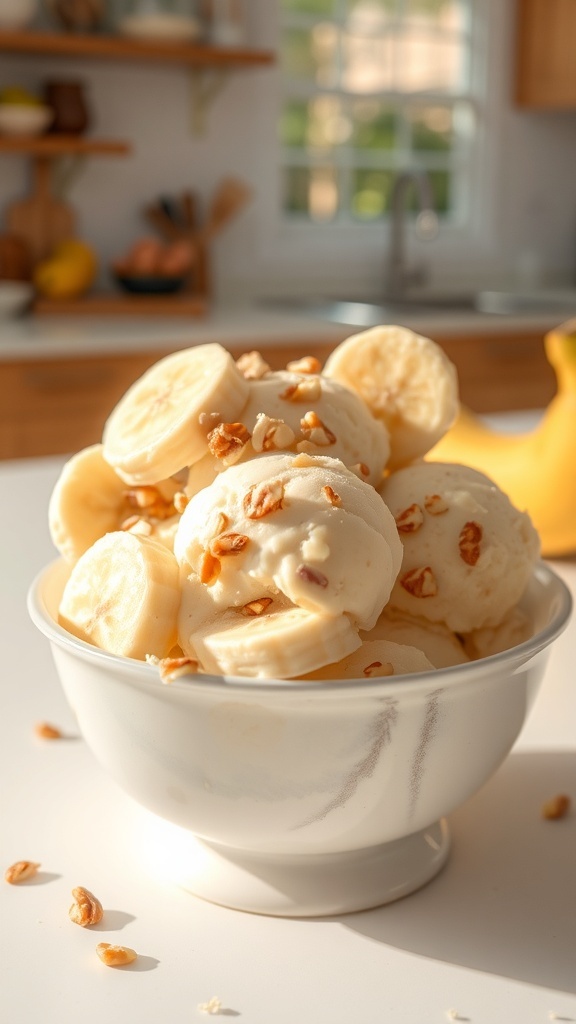 A bowl of banana ice cream topped with nuts and banana slices