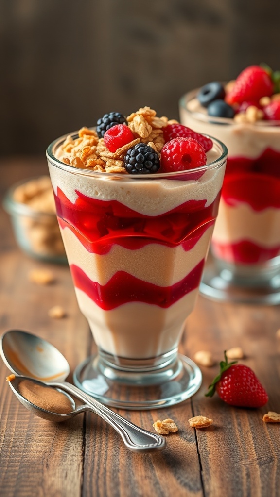 Peanut Butter and Jelly Parfait in a glass with berries and granola