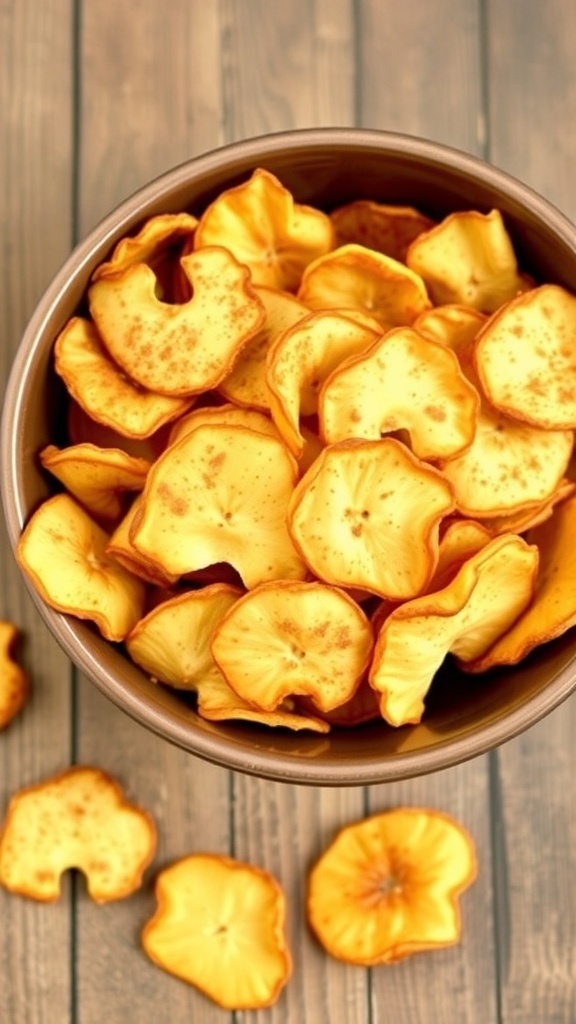 A bowl of golden-brown crispy apple chips sprinkled with cinnamon on a wooden table.