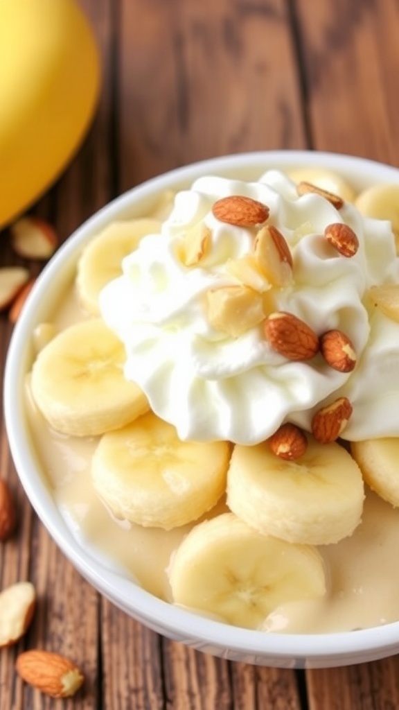 A bowl of almond banana pudding with banana slices, whipped cream, and chopped almonds on a wooden table.