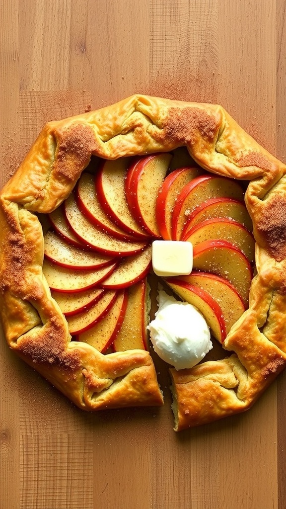 A rustic apple galette with golden crust and cinnamon-spiced apple filling, served with a scoop of vanilla ice cream.