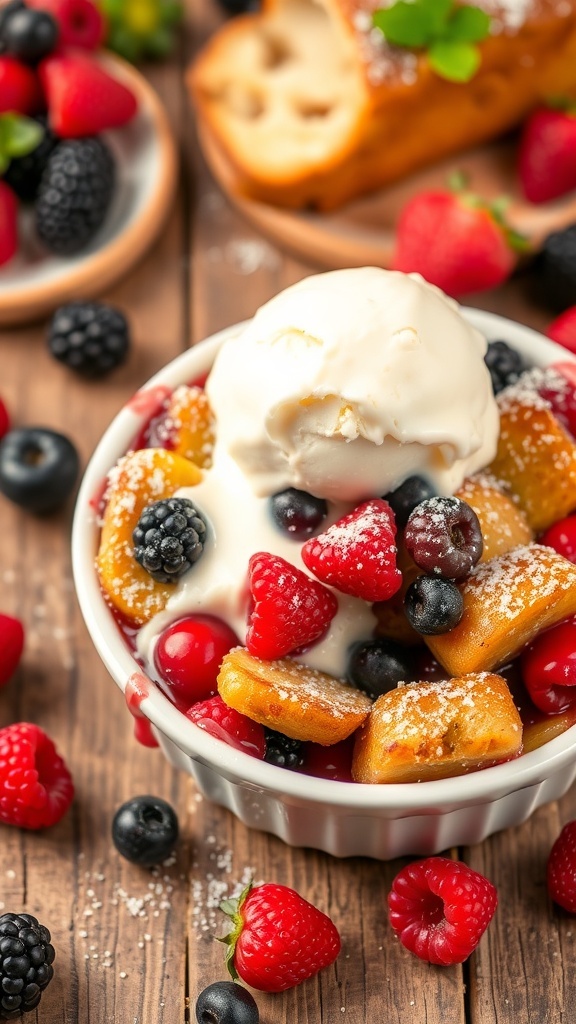A warm berry medley bread pudding with powdered sugar, served with ice cream on a rustic table.