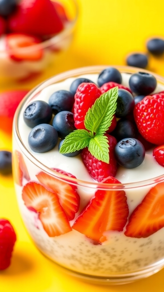 Berry medley chia pudding with strawberries, blueberries, and raspberries, garnished with mint leaves.