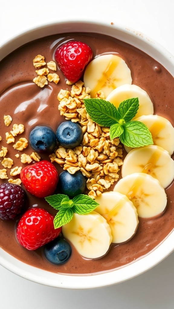 A chocolate avocado smoothie bowl topped with bananas, berries, and granola, showcasing a healthy breakfast option.